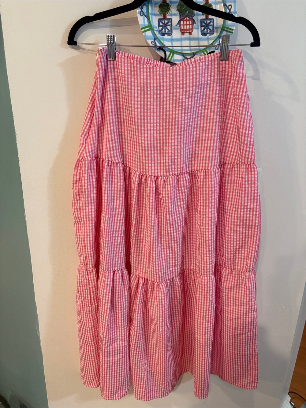 Pink and white gingham seersucker fabric maxi skirt